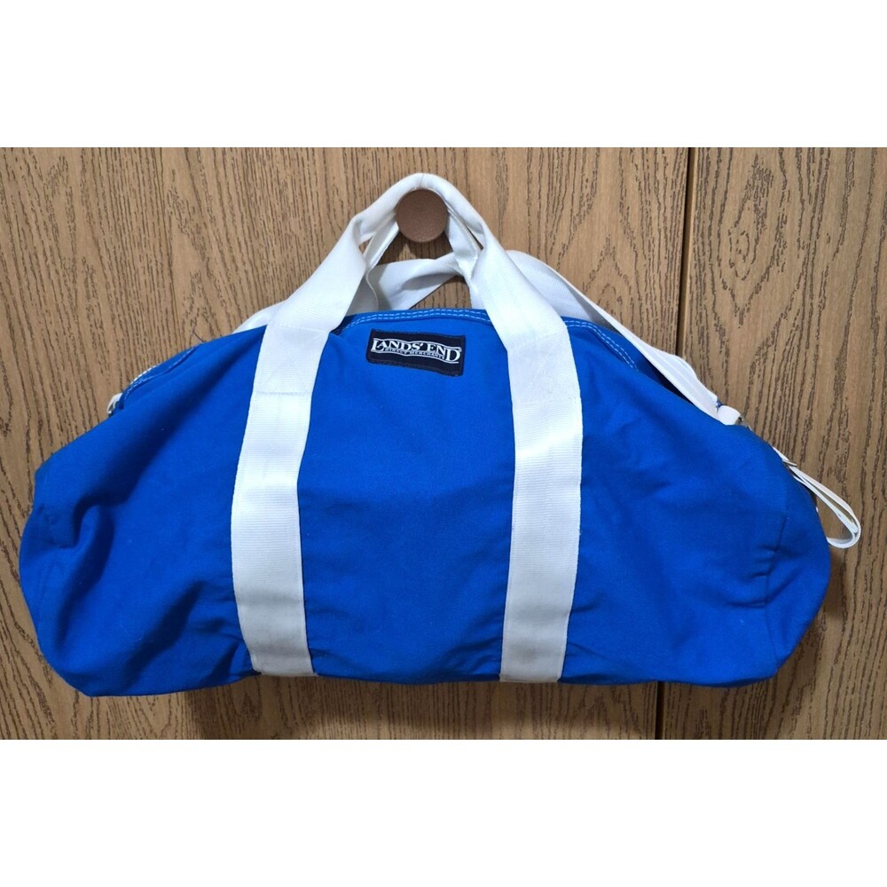 Lands' End Royal Blue White Large Duffle Travel Gym Bag Handles Adjustable Strap